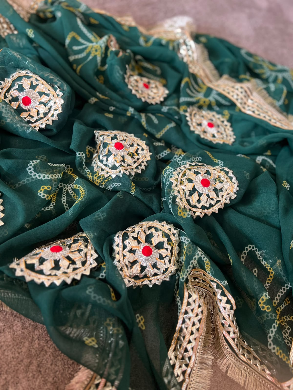 Beautiful Green Bandhini Gota Handwork Designer Saree with Blouse Piece