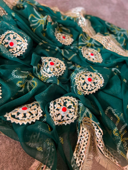 Beautiful Green Bandhini Gota Handwork Designer Saree with Blouse Piece