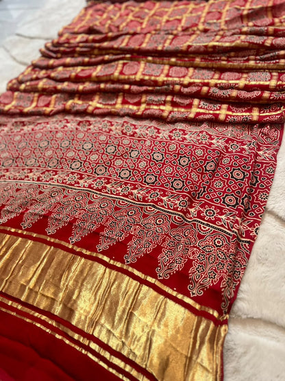Beautiful Modal Silk Ajrakh checks Saree and same fabric Ajrakh  Blouse Piece