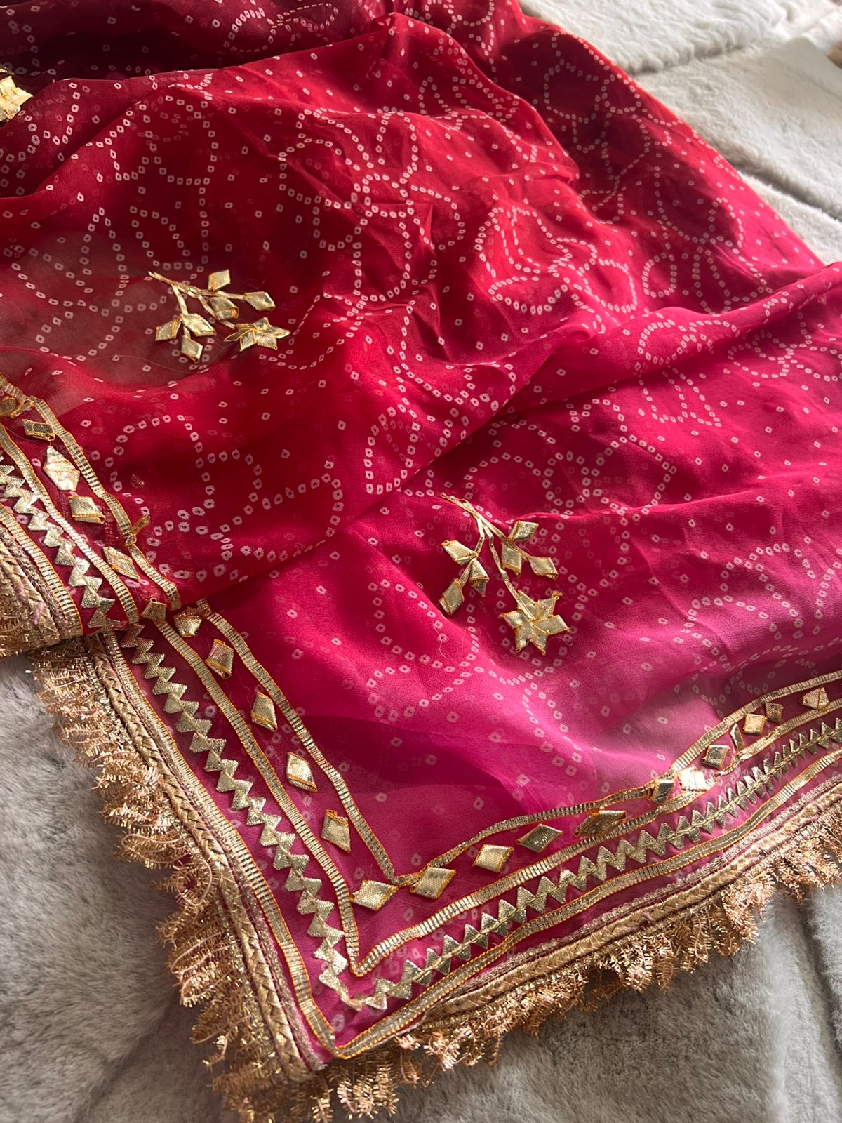 Pink-Maroon Shaded Bandhini Gota Designer Saree with Running Blouse