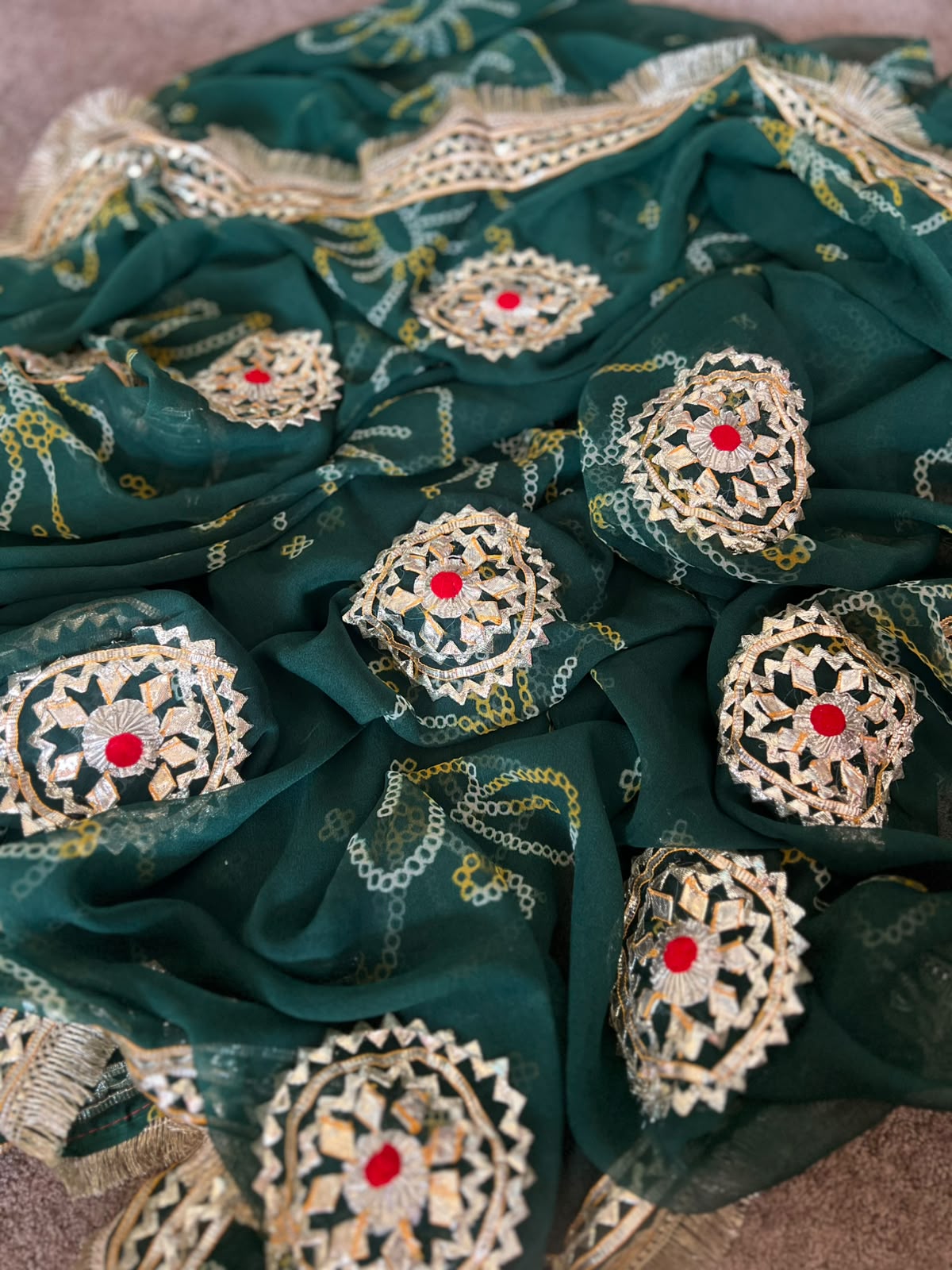 Beautiful Green Bandhini Gota Handwork Designer Saree with Blouse Piece