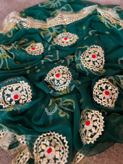 Beautiful Green Bandhini Gota Handwork Designer Saree with Blouse Piece