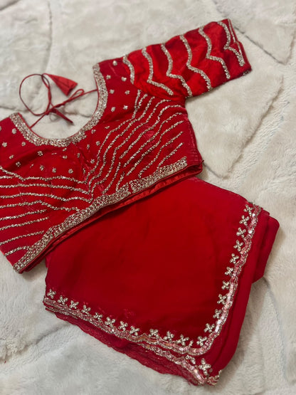 Beautiful Red Color Fendy Tissue Saree with Stitched Blouse (Free Size Till 40)