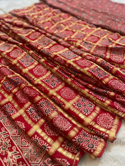 Beautiful Modal Silk Ajrakh checks Saree and same fabric Ajrakh  Blouse Piece