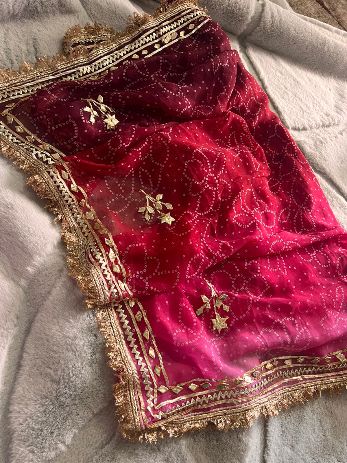 Pink-Maroon Shaded Bandhini Gota Designer Saree with Running Blouse