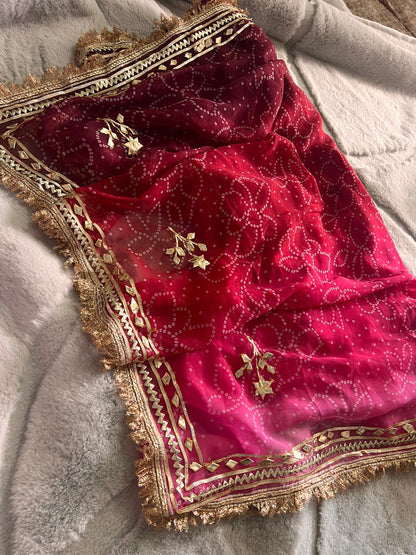 Pink-Maroon Shaded Bandhini Gota Designer Saree with Running Blouse