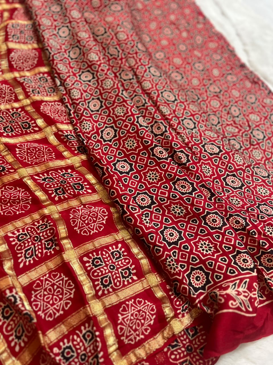 Beautiful Modal Silk Ajrakh checks Saree and same fabric Ajrakh  Blouse Piece