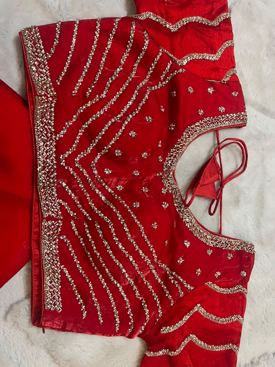 Beautiful Red Color Fendy Tissue Saree with Stitched Blouse (Free Size Till 40)