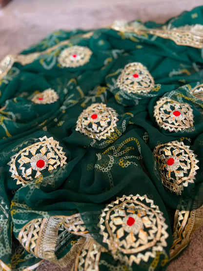Beautiful Green Bandhini Gota Handwork Designer Saree with Blouse Piece