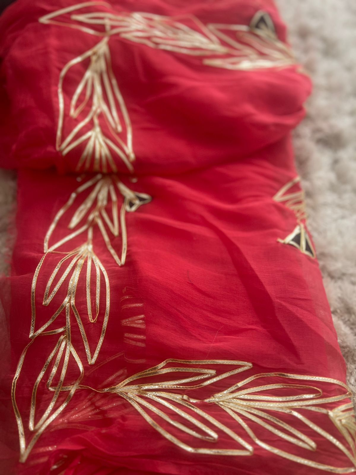 Red Gota Work Chiffon Saree with Bottle Green Blouse Piece