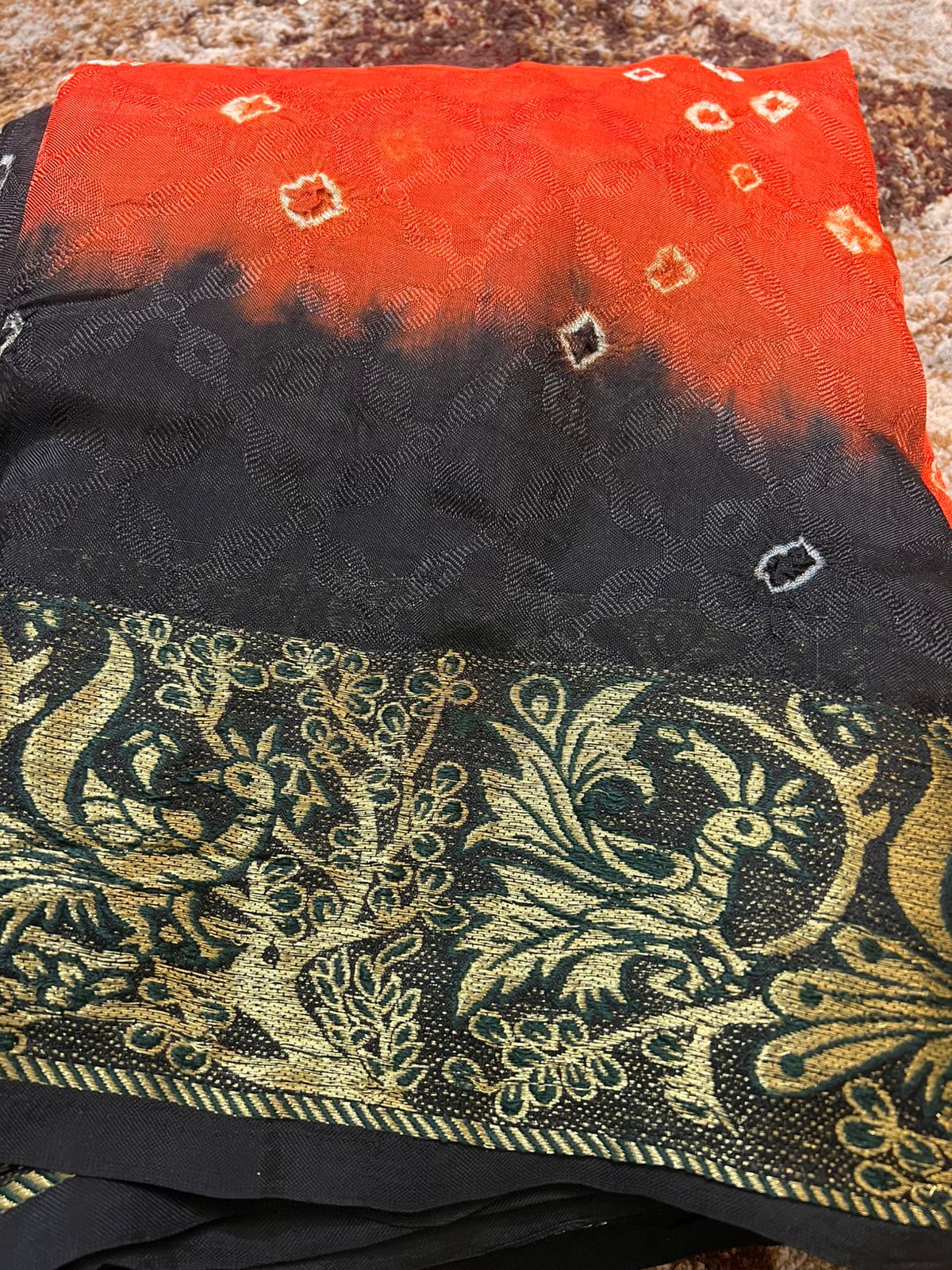 Soft Cotton Bandhini Saree Orange and Black with Barat Zari Border and Running Blouse