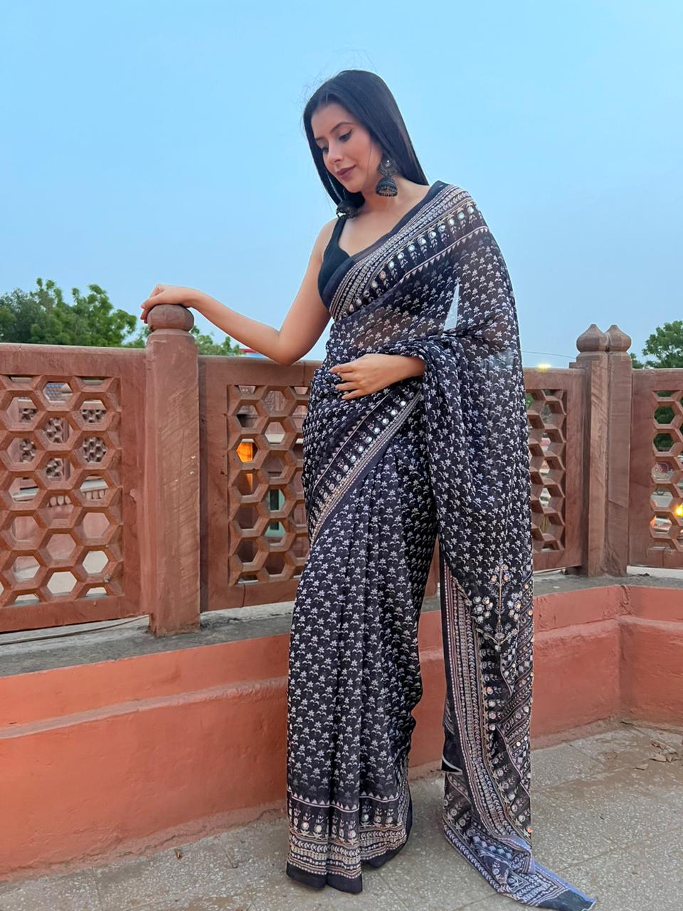 Georgette Designer Mirror Work Black Saree with Unstitched Blouse