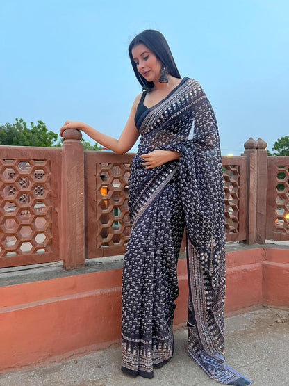 Georgette Designer Mirror Work Black Saree with Unstitched Blouse