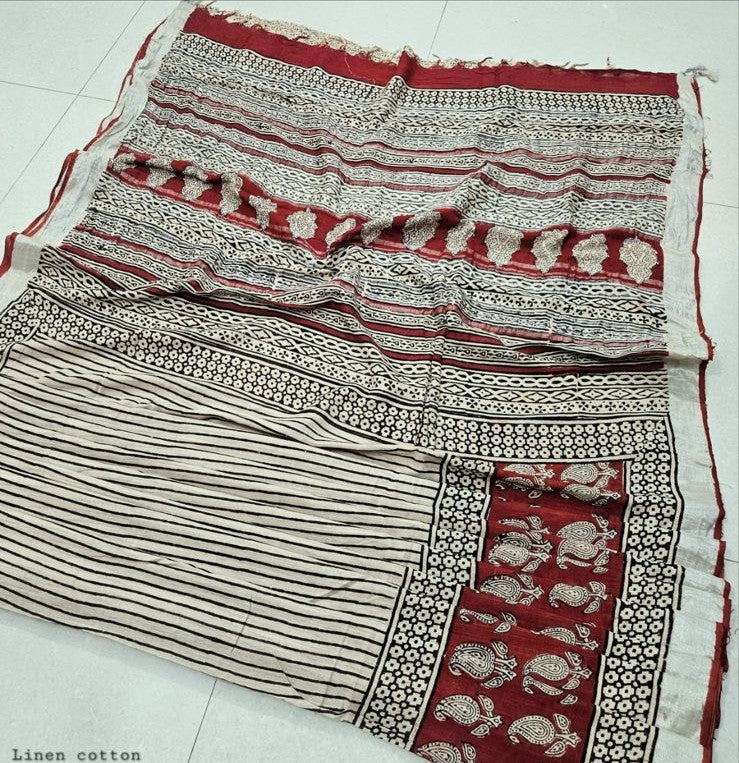 Beautiful Off White and Red Color Linen Cotton Saree