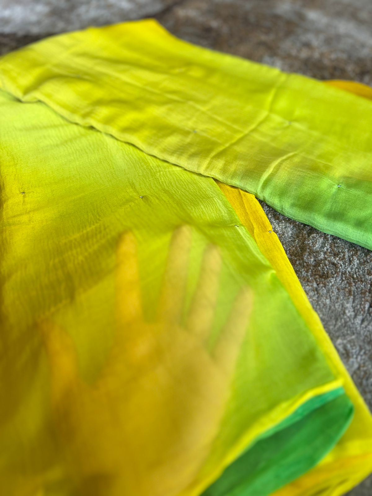 Yellow Green Shaded Chiffon Mukesh Work Saree