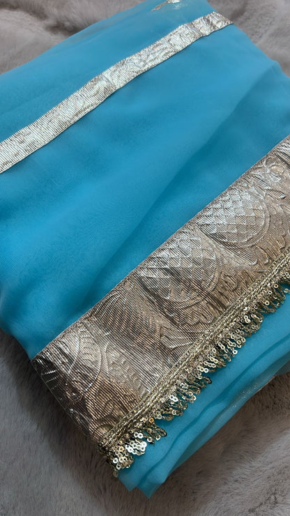 Blue Colour Celebrity Inspired Gota Chiffon Saree with Same Fabric Blouse in Running
