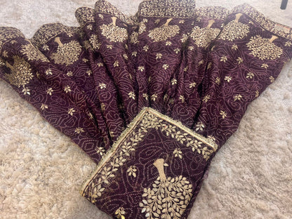 Bandhini with Gota Patti Work Full Ghera Purple Poshak (Unstitched)