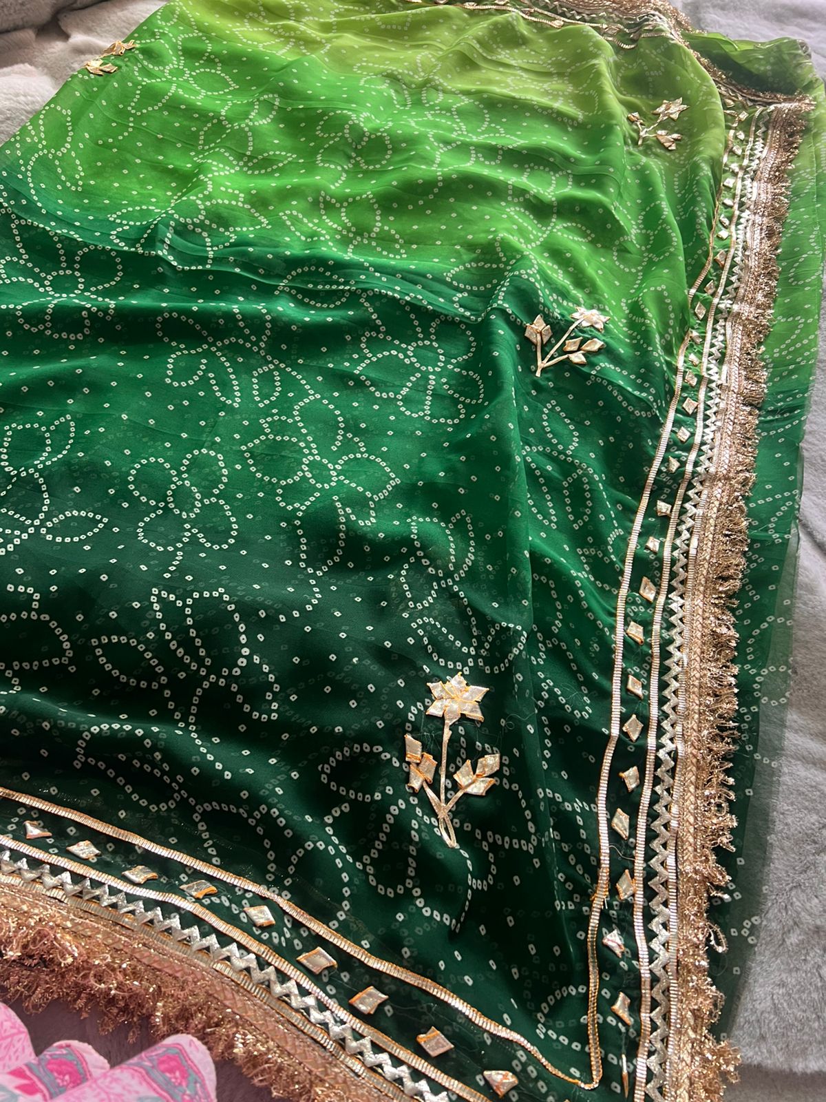 Green Shaded Bandhini Gota Designer Saree with Running Blouse