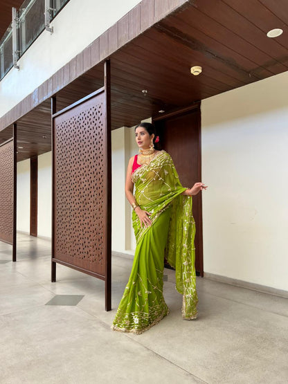 Soft Chiffon Parrot Green Color Gota Zaal Work Saree with Magenta Pink Blouse Piece
