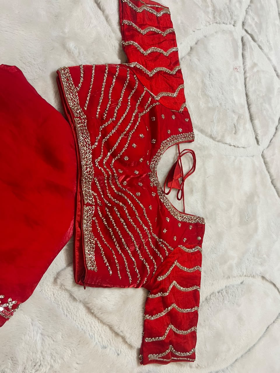 Beautiful Red Color Fendy Tissue Saree with Stitched Blouse (Free Size Till 40)