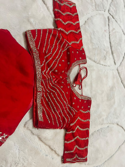 Beautiful Red Color Fendy Tissue Saree with Stitched Blouse (Free Size Till 40)