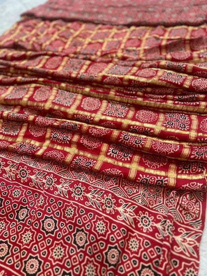 Beautiful Modal Silk Ajrakh checks Saree and same fabric Ajrakh  Blouse Piece