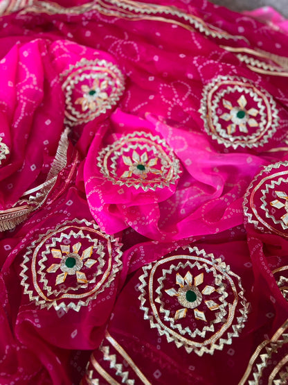 Beautiful Pink-Maroon Shaded Gota Handwork Designer Saree with Blouse Piece