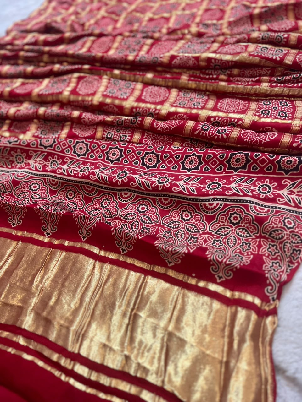 Beautiful Modal Silk Ajrakh checks Saree and same fabric Ajrakh  Blouse Piece