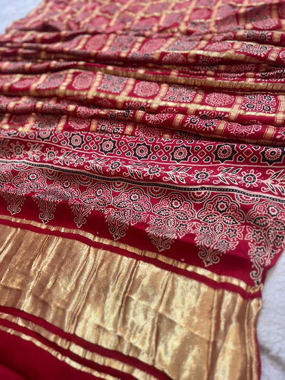 Beautiful Modal Silk Ajrakh checks Saree and same fabric Ajrakh  Blouse Piece