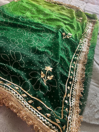 Green Shaded Bandhini Gota Designer Saree with Running Blouse