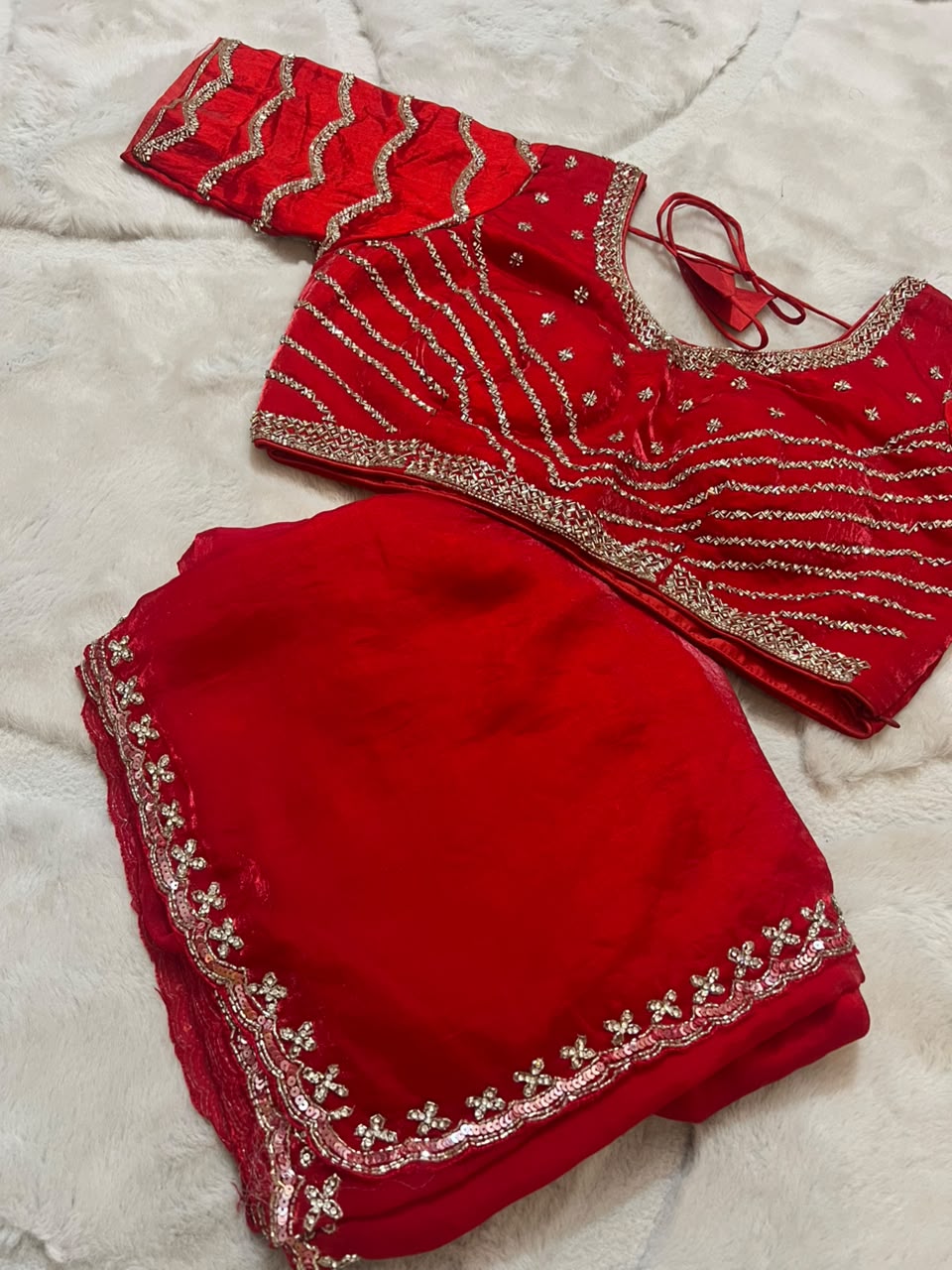 Beautiful Red Color Fendy Tissue Saree with Stitched Blouse (Free Size Till 40)