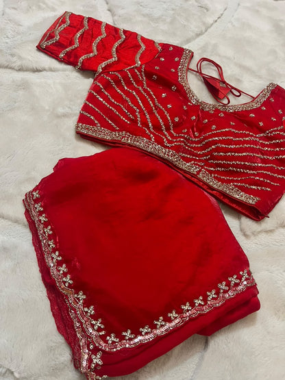 Beautiful Red Color Fendy Tissue Saree with Stitched Blouse (Free Size Till 40)