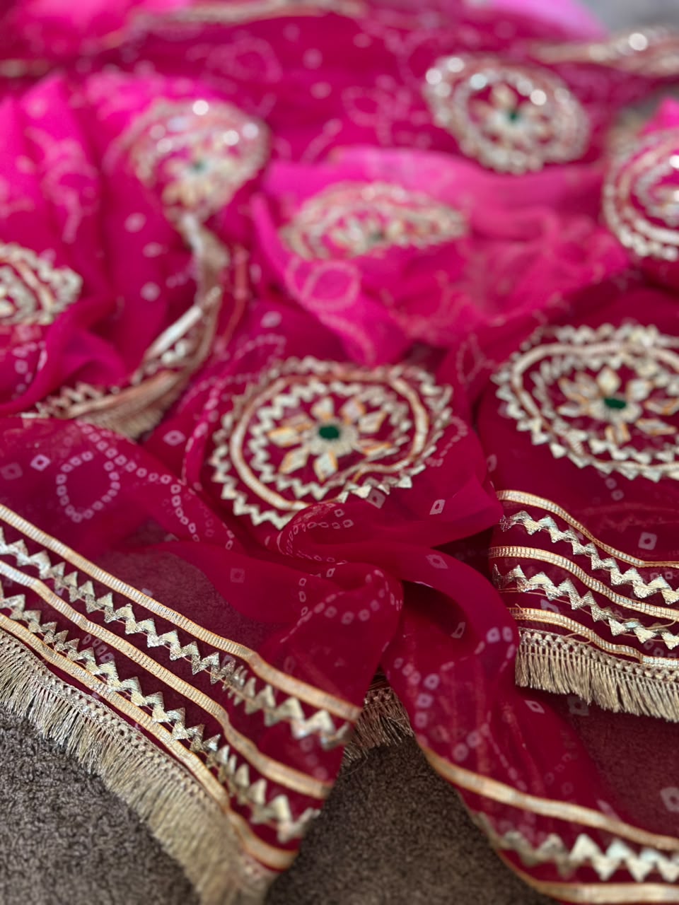 Beautiful Pink-Maroon Shaded Gota Handwork Designer Saree with Blouse Piece