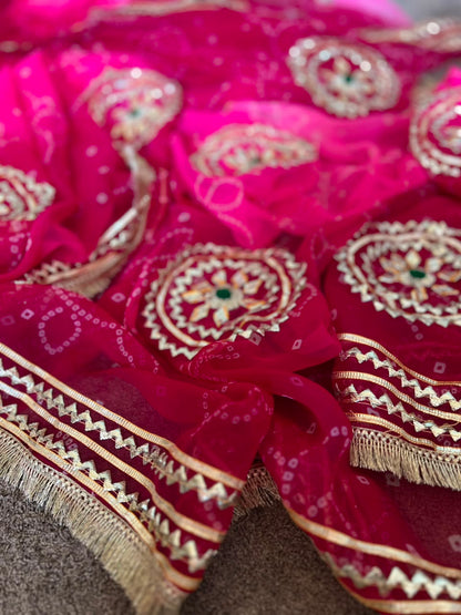 Beautiful Pink-Maroon Shaded Gota Handwork Designer Saree with Blouse Piece