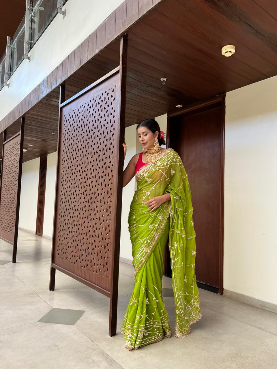 Soft Chiffon Parrot Green Color Gota Zaal Work Saree with Magenta Pink Blouse Piece