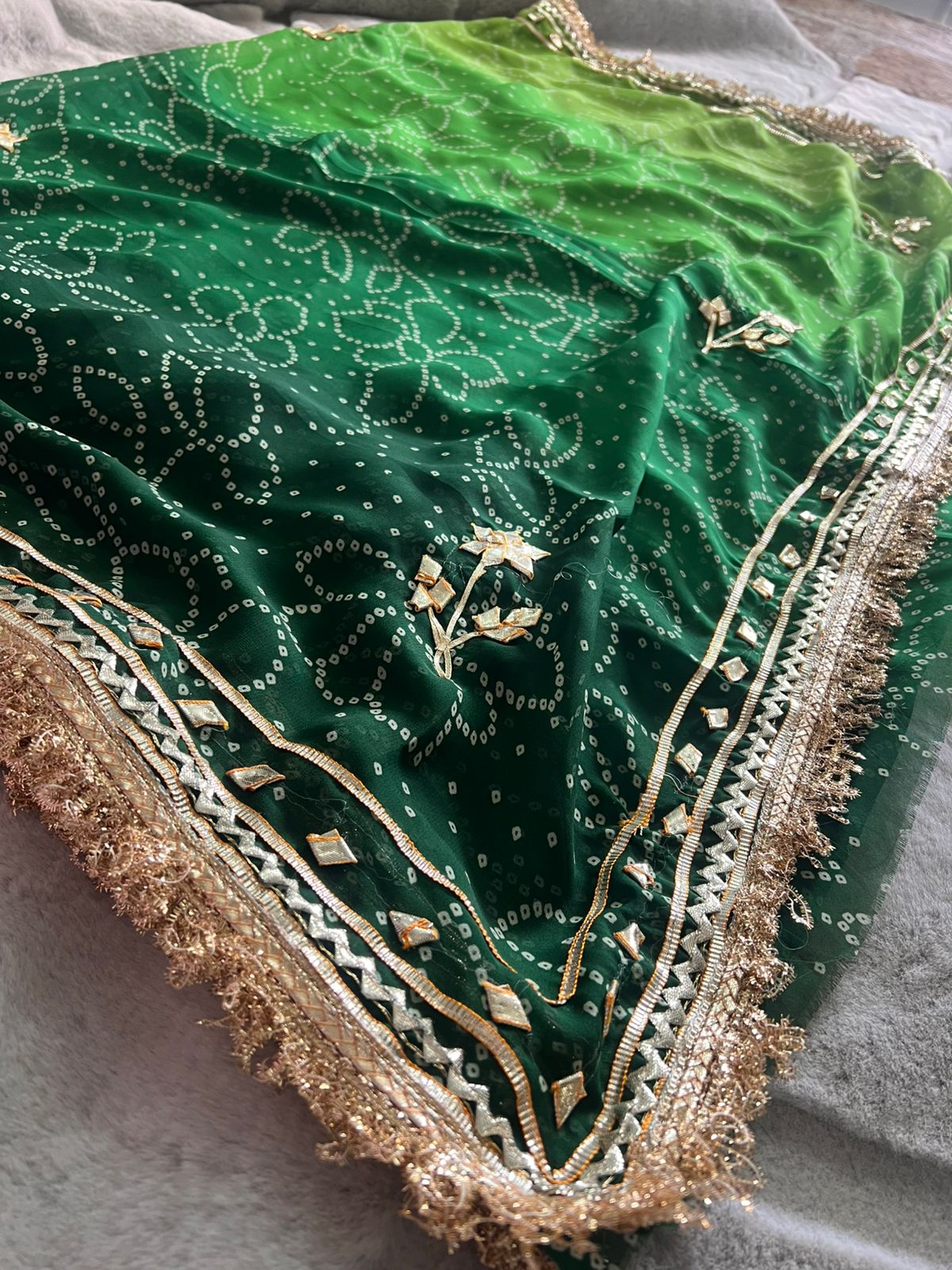 Green Shaded Bandhini Gota Designer Saree with Running Blouse