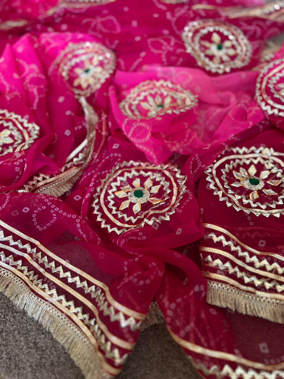 Beautiful Pink-Maroon Shaded Gota Handwork Designer Saree with Blouse Piece