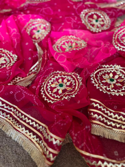 Beautiful Pink-Maroon Shaded Gota Handwork Designer Saree with Blouse Piece