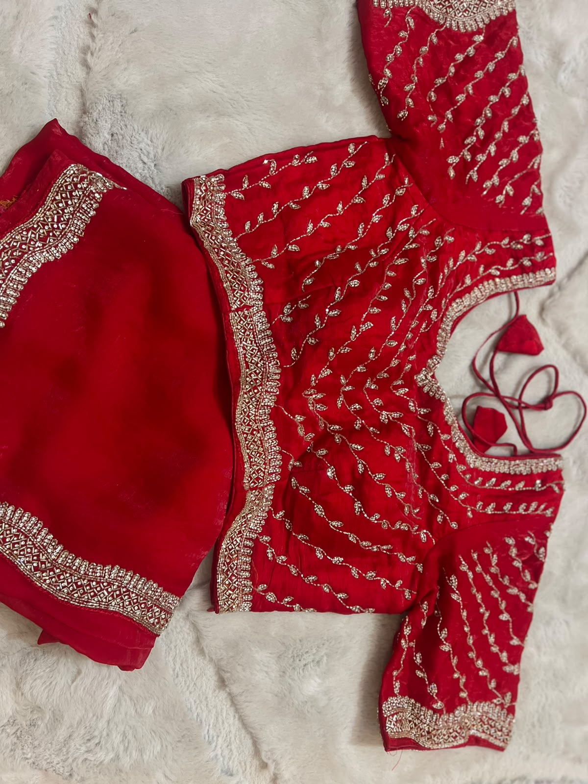 Beautiful Red Color Fendy Tissue Saree with Stitched Blouse (Free Size Till 40)