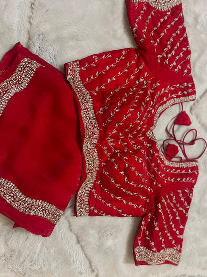 Beautiful Red Color Fendy Tissue Saree with Stitched Blouse (Free Size Till 40)