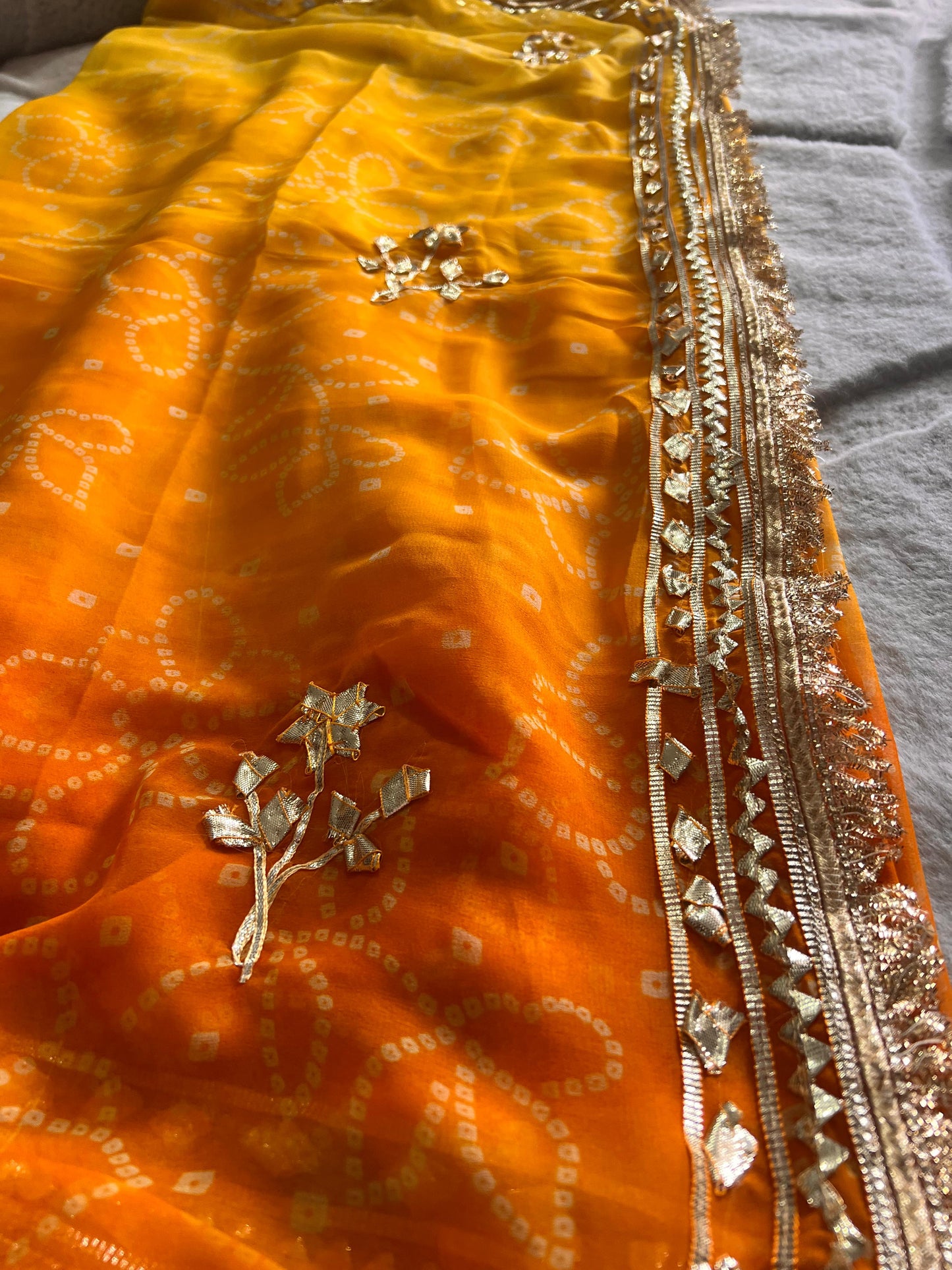 Yellow Shaded Bandhini Gota Designer Saree with Running Blouse