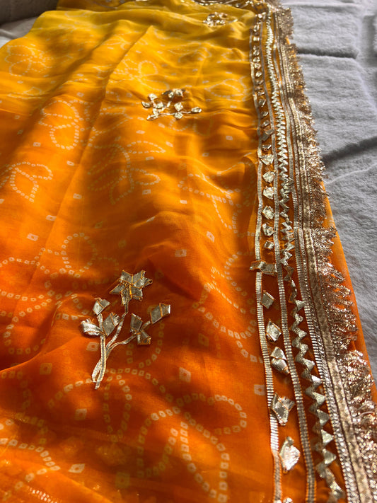 Yellow Shaded Bandhini Gota Designer Saree with Running Blouse