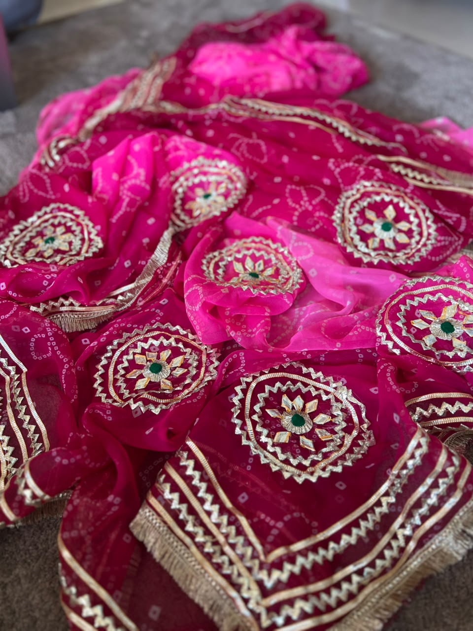 Beautiful Pink-Maroon Shaded Gota Handwork Designer Saree with Blouse Piece