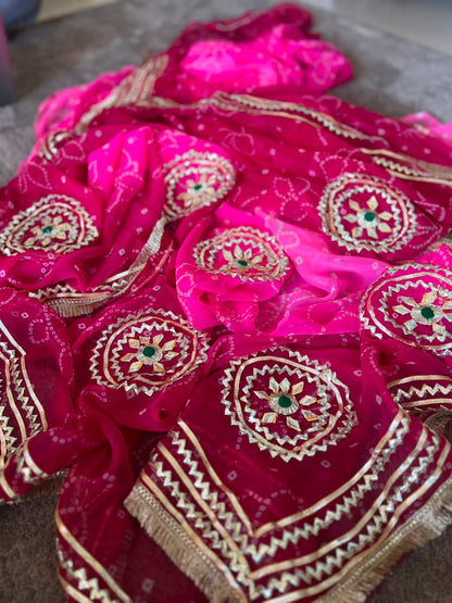 Beautiful Pink-Maroon Shaded Gota Handwork Designer Saree with Blouse Piece