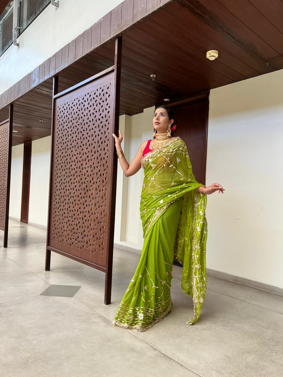 Soft Chiffon Parrot Green Color Gota Zaal Work Saree with Magenta Pink Blouse Piece