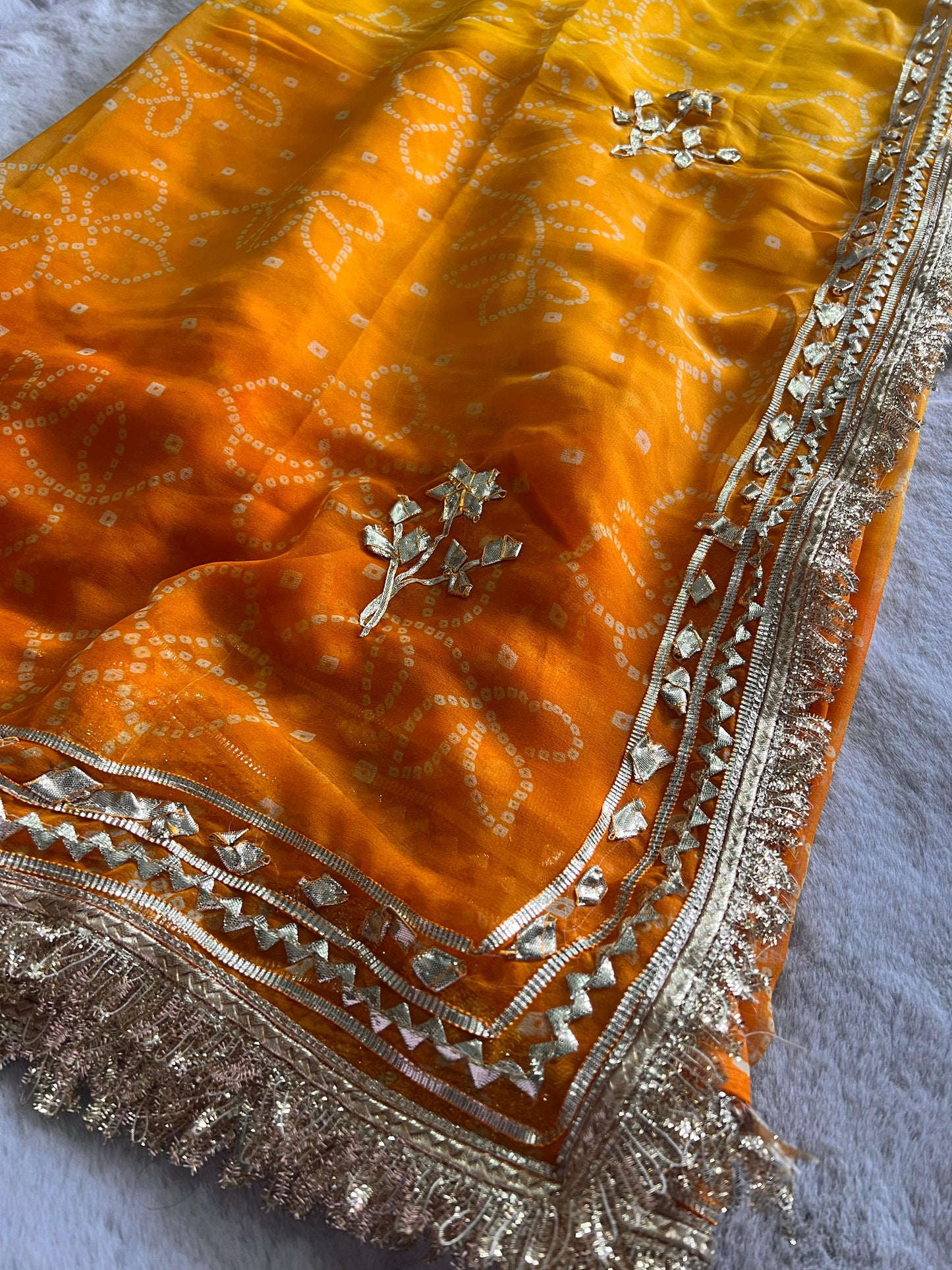 Yellow Shaded Bandhini Gota Designer Saree with Running Blouse