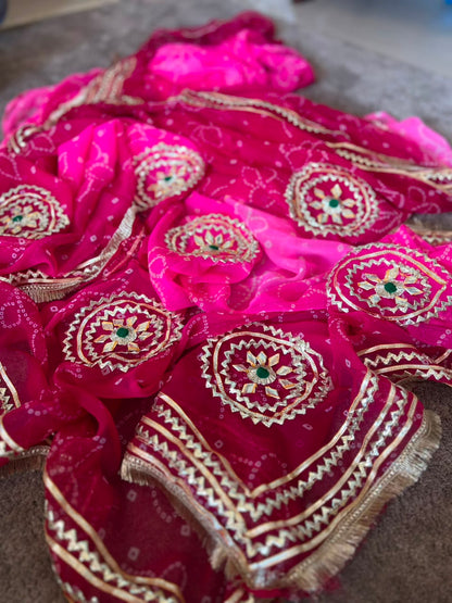 Beautiful Pink-Maroon Shaded Gota Handwork Designer Saree with Blouse Piece