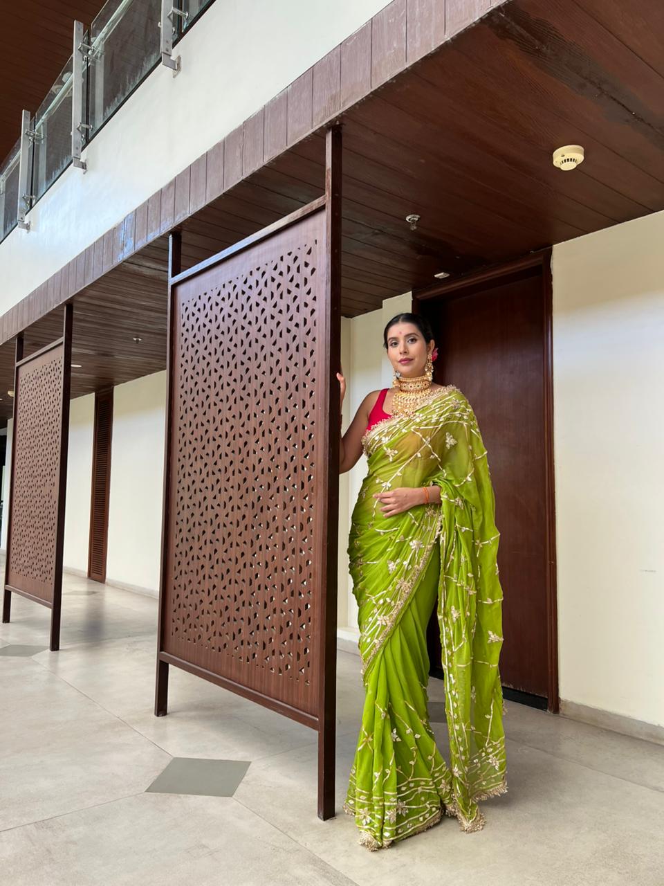 Soft Chiffon Parrot Green Color Gota Zaal Work Saree with Magenta Pink Blouse Piece
