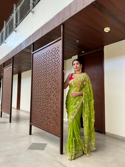 Soft Chiffon Parrot Green Color Gota Zaal Work Saree with Magenta Pink Blouse Piece