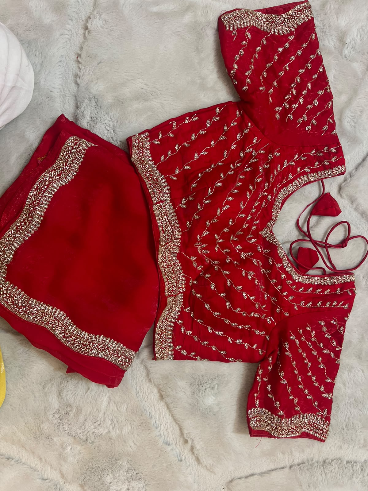 Beautiful Red Color Fendy Tissue Saree with Stitched Blouse (Free Size Till 40)
